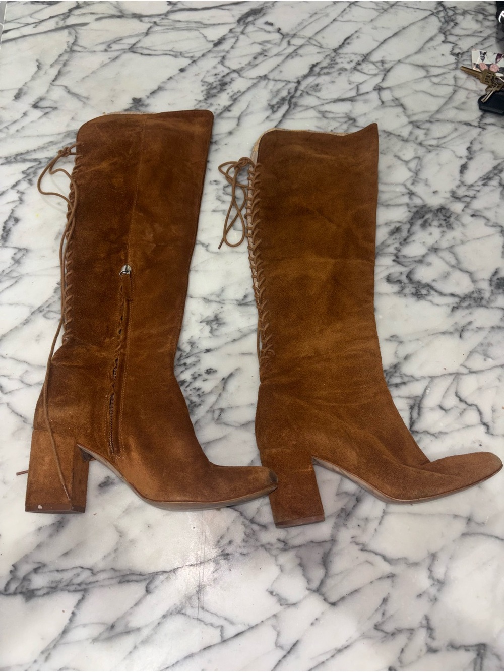 Zara Brown Suede Knee High Lace Up Boots Block Heel Boho EU 36